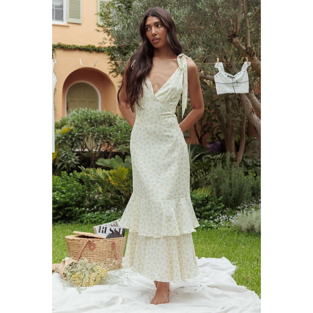 Cottagecore Selfie Leslie Women M Maxi Dress Yellow Floral Tie Strap Ruffle Boho